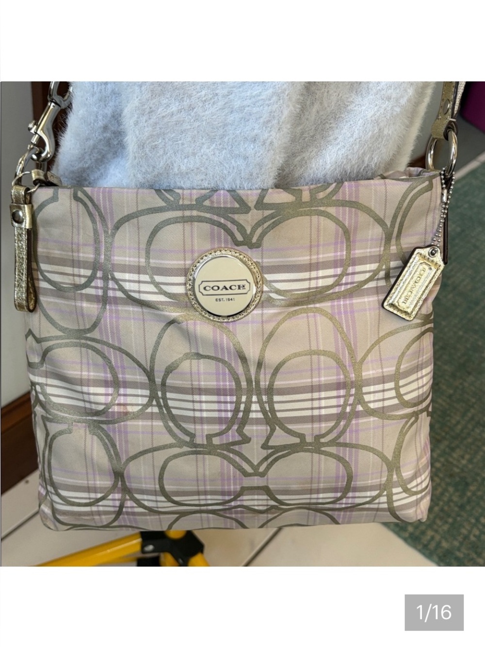 Coach Tartan Plaid Crossbody Bag shoulder bag  cream, violet tan/gold metallic